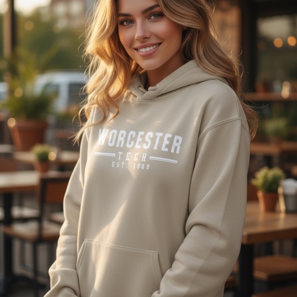 Heavyweight Tan Worcester Massachusetts Tech Graphic Sweatshirt Hoodie Size 2XL - Picture 3 of 10